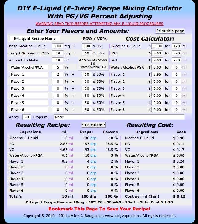 calculez facilement vos mélanges pour e-liquides diy avec notre calculatrice de vape simple et précise, idéale pour les amateurs de vapotage.